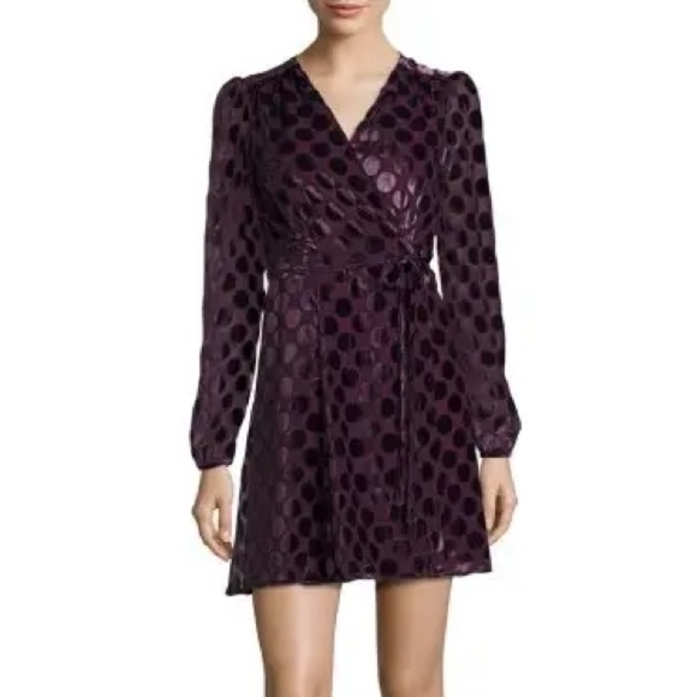 Betsey Johnson long sleeve purple velvet polka dot wrap mini dress Y2K